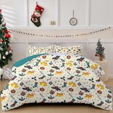 Christmas Duvet Cover Set Christmas Bells Pattern Queen Green and White