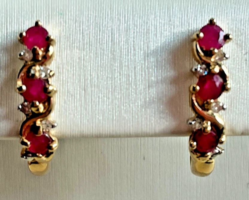 10K Gold Ruby & Diamond Hoop Earrings - Image 3 of 4