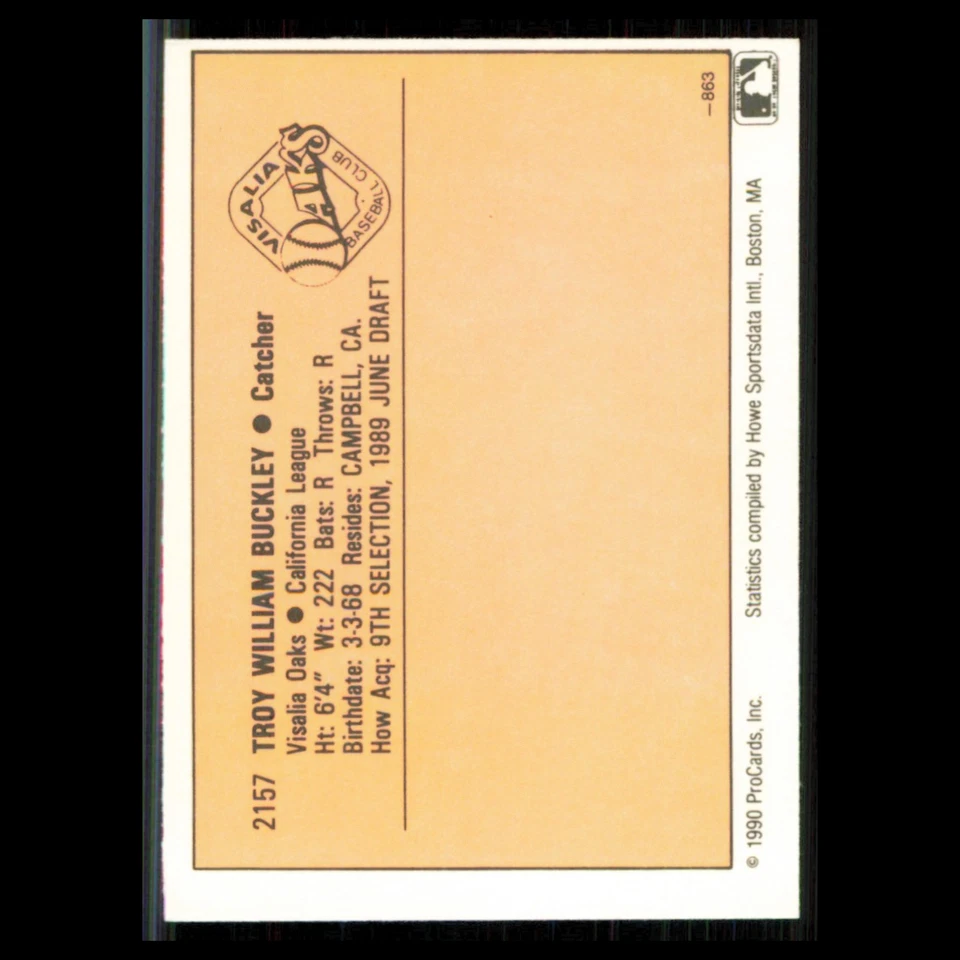 Troy Buckley #2157 1990 ProCards Visalia Oaks Baseball Card MLB NM - Image 2 of 3