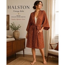 Vintage Halston Women’s One Size Robe Rust Geometric Belted Kimono Dressing Gown