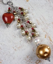 Bubblegum Heart Crystal Purse Charm Clip Beaded Handmade Red Gold Ivory New