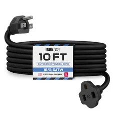 10 ft Black Weatherproof Extension Cord 16/3 3 Prong for Outside Use