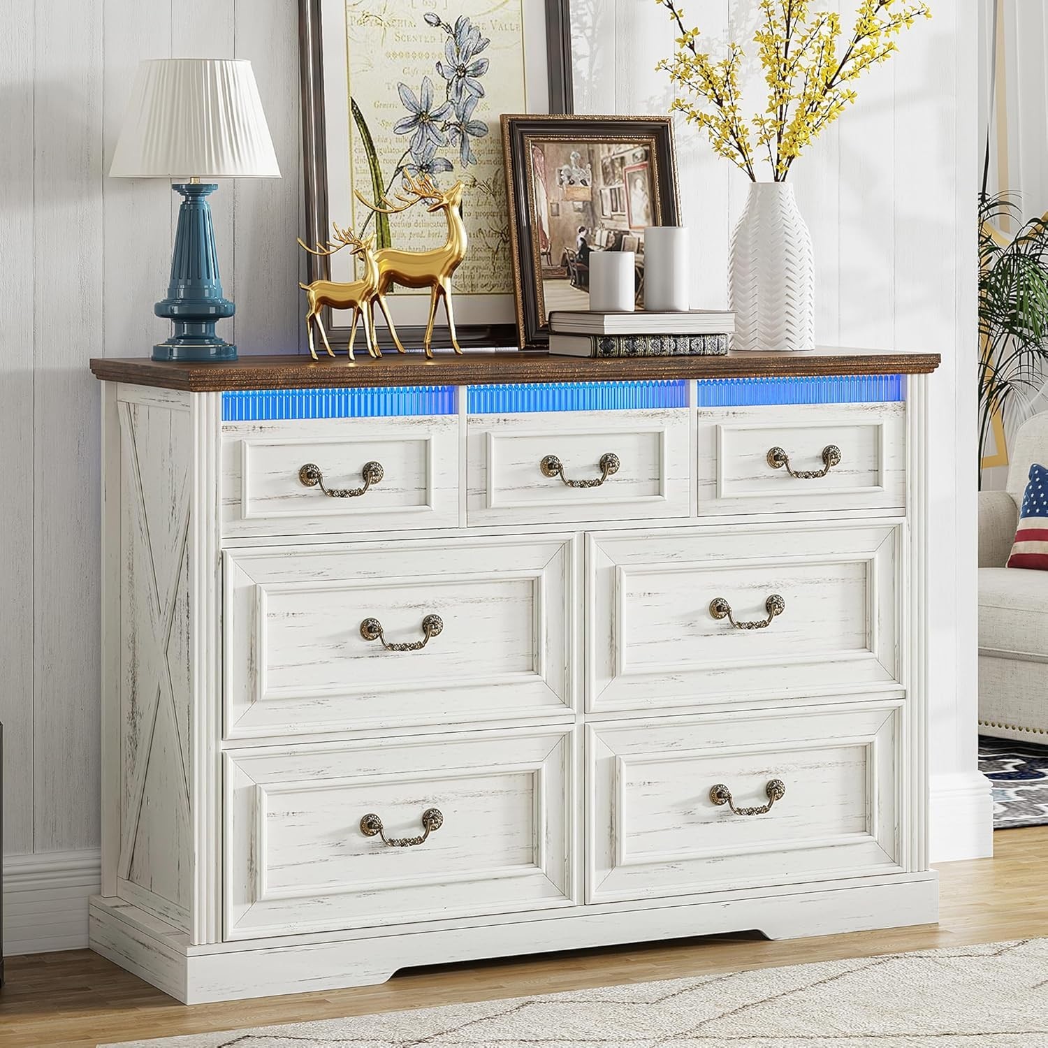 Farmhouse 7-Drawer Dresser with Hidden Storage & LED Lights for Bedroom