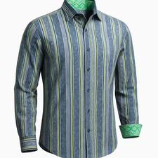Visconti XL Button Front Shirt Blue Green Stripe Paisley Contrast Cuffs 2-Ply Me