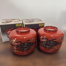 Red Floral Lidded Lacquer Soup Bowls Set of 2