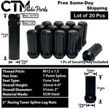20x Black 2 Tall 12x1.5 Spline Tuner Wheel Lug Nutkey Toyota Scion Lexus
