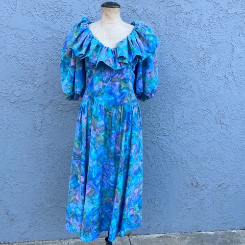 Vintage Ruffle Dress Women's Large Blue Party Frock 70s/80s - Picture 2 of 10
