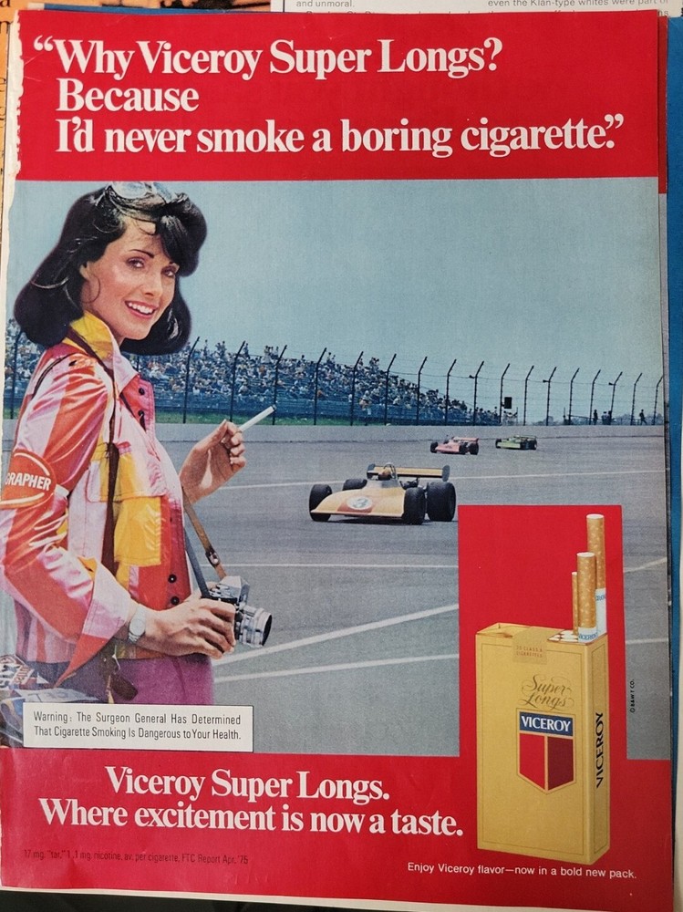 1975 Viceroy cigarettes Photographer race car Track Smoking vintage ad