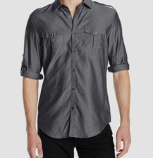 275 Calvin Klein Men Slim-Fit Gray Long-Sleeve Button Dress Shirt M DAMAGED