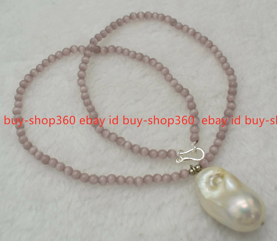 Nuevo Collar Colgante Perla Barroca Blanca Gemas Ojo de Gato Ópalo Gris Claro 4mm 20" Foto 2 de 4