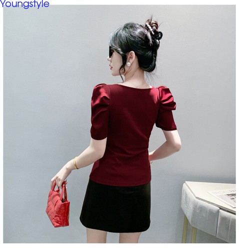 Korean Womens Puff Sleeve Beaded Summer Slim Party Cocktail Tops Blouse Shirts - Picture 11 of 20
