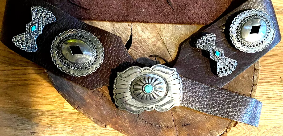 Heavy Stamped Taos Concho Belt Natural Turquoise by Sundance Artist *Last One*