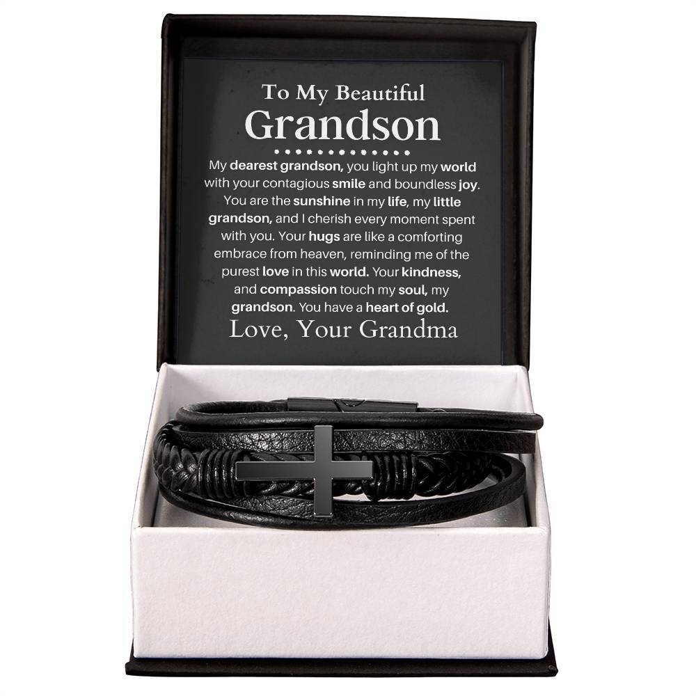 Grandson Gift from Grandma Mens Cross Bracelet Men's Leather Gift