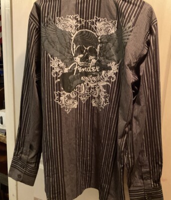 Fender Rock N Roll Shirt Mens Large Skull Wings Guitar Black Silver Striped
