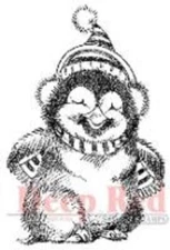 Deep Red Rubber Cling Stamp Happy Penguin with Hat and Scarf