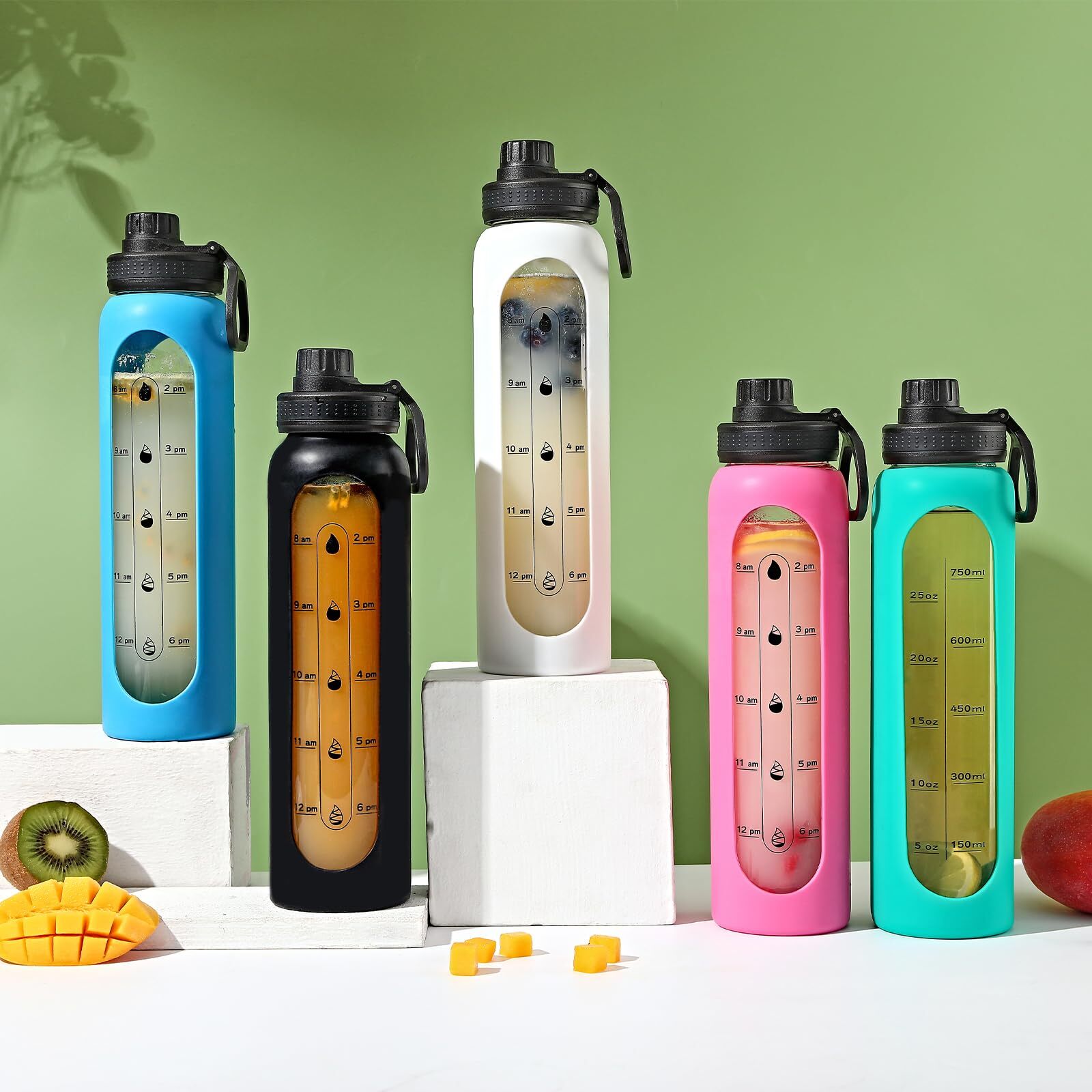Glass Water Bottles 32oz With Silicone Sleeve Drinking Hydration Bottles Reusabl