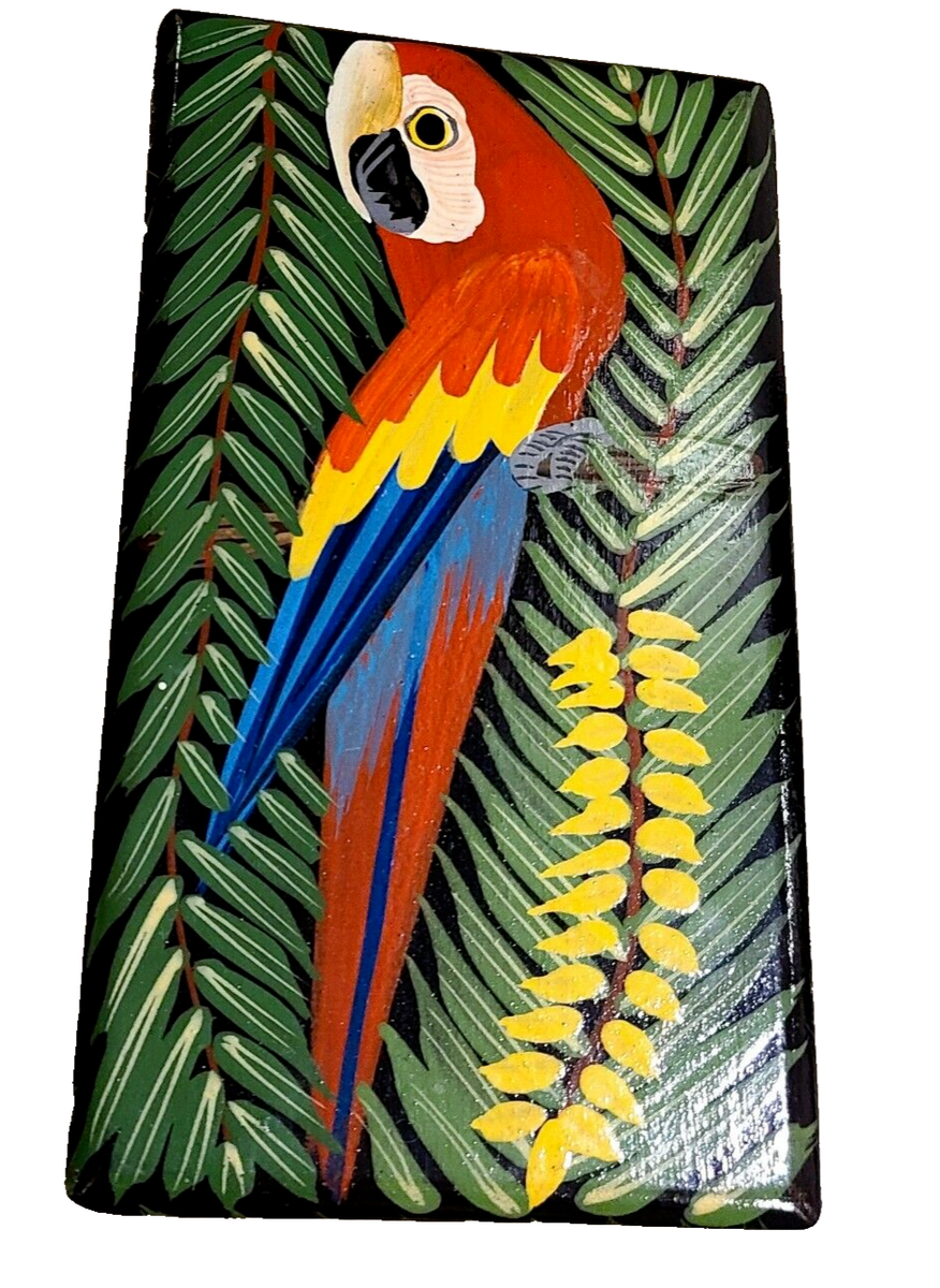 Vtg Wooden Box Hand Painted Parrot Decorative Tropical Signed