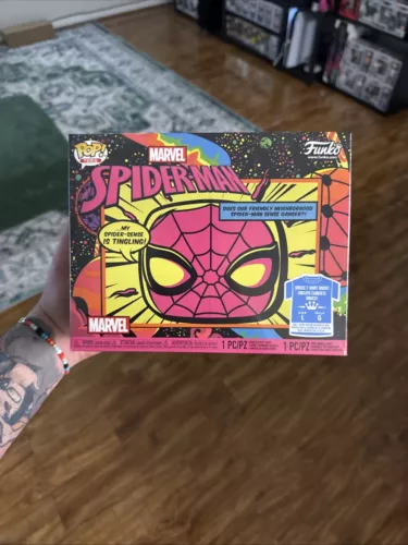 Funko Pop Spider-Man Black Light Pop +T-Shirt Sz Large Marvel Sealed BNIB Neon