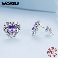 Wostu 925 Sterling Silver Purple Love Heart Ear Studs Earrings Wedding Jewelry