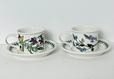 Set/2 Portmeirion Botanic Garden Drum Flat Cups & Saucers Floral Coffee Tea Cups