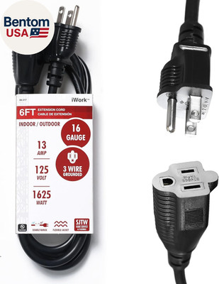 6Ft Black Extension Cord, 16/3 SJTW Heavy-Duty, 3-Prong Grounded Plug, Weather-R
