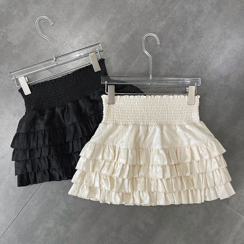 Streetwear Y2k Ruffles Mini Skirts Women Sweet Kawaii High Waist Lace A Line Ski