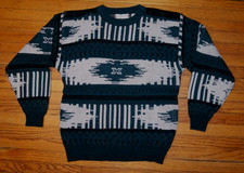 Vintage 80s Saturdays Sweater Mens L Teal Black Ivory Crewneck Geometric Modern