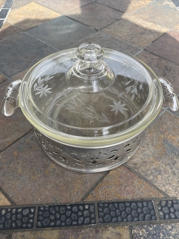 Antique PYREX Glass $ Insert with Furman Bros Brooklyn Etched Metal Holder & Lid
