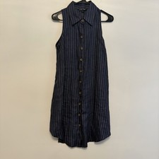 Boho Chic Small Button Up Sleeveless Dress Blue White Linen Collared Natural