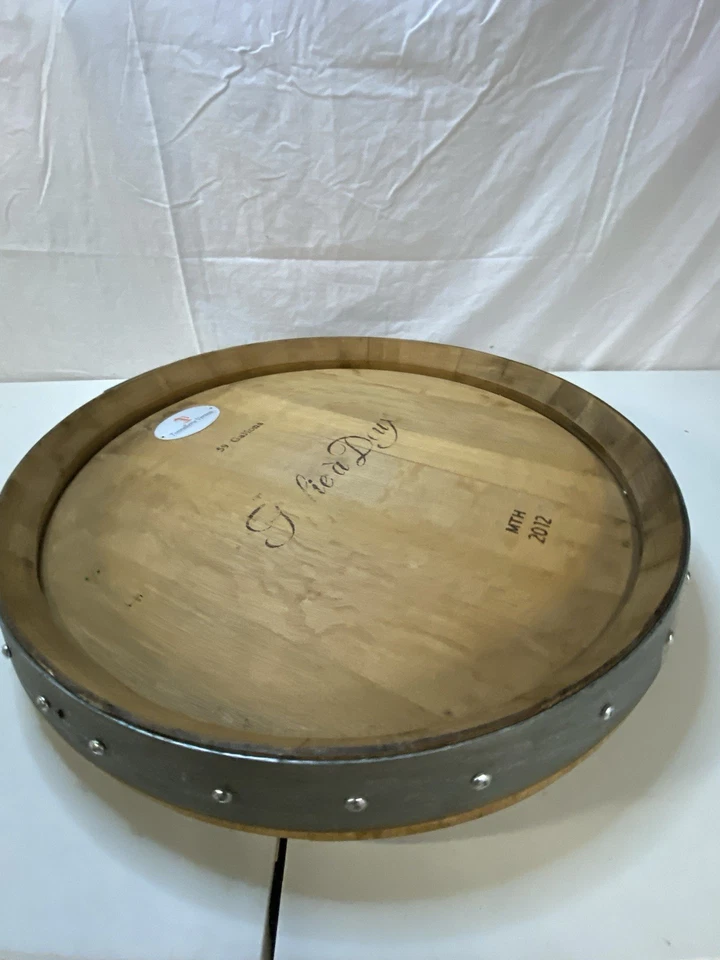 Folie a Deux Reclaimed Wine Barrel Top Lazy Susan Turntable W/ Metal Band - Image 2 of 4