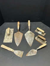Lot Of (7) Vintage Concrete Trowels And Finishing Tools - Wood Handles