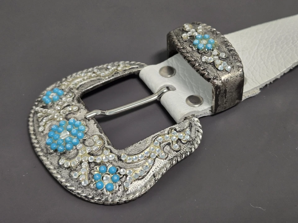 Caché Blanco Cuero Genuino CINTURÓN Estrás Western Rodeo Vaquera Talla Pequeña Foto 3 de 4