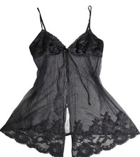 Y2K Victoria  s Secret Chemise Nightie Size M Black Silk /Nylon Mesh Open Front
