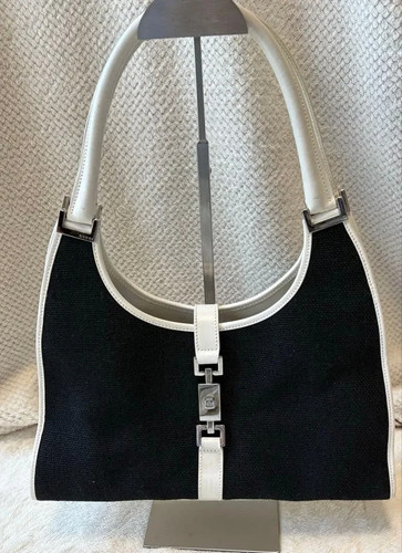 GUCCI Jackie Shoulder Hand Bag Turnlock Leather Canvas Black White From Japan