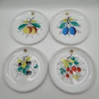 Westmoreland Fruit Dessert Plate Set 4 Milk Glass Painted Beaded Edge Vintage