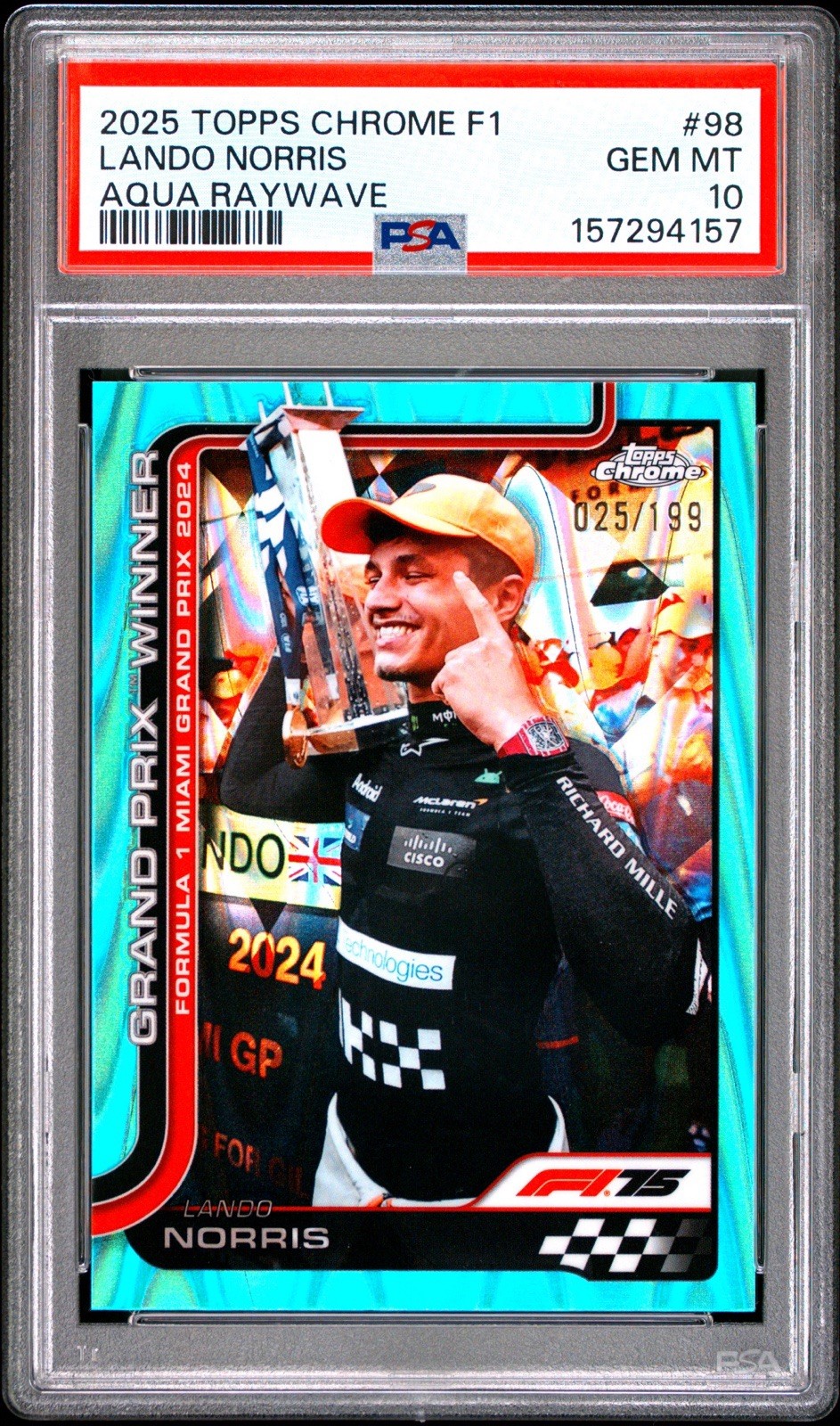 2025 Topps Chrome F1 Lando Norris #98 Aqua RayWave /199 PSA 10 Grand Prix Winner view 1