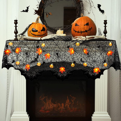 Black Halloween Fireplace Cloth and Maple Leaf Fairy Lights, Pumpkin Decoration,