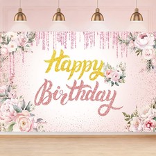 Happy Birthday Backdrop Banner, 3 x 5Ft Floral Background Party Supplies Pink...