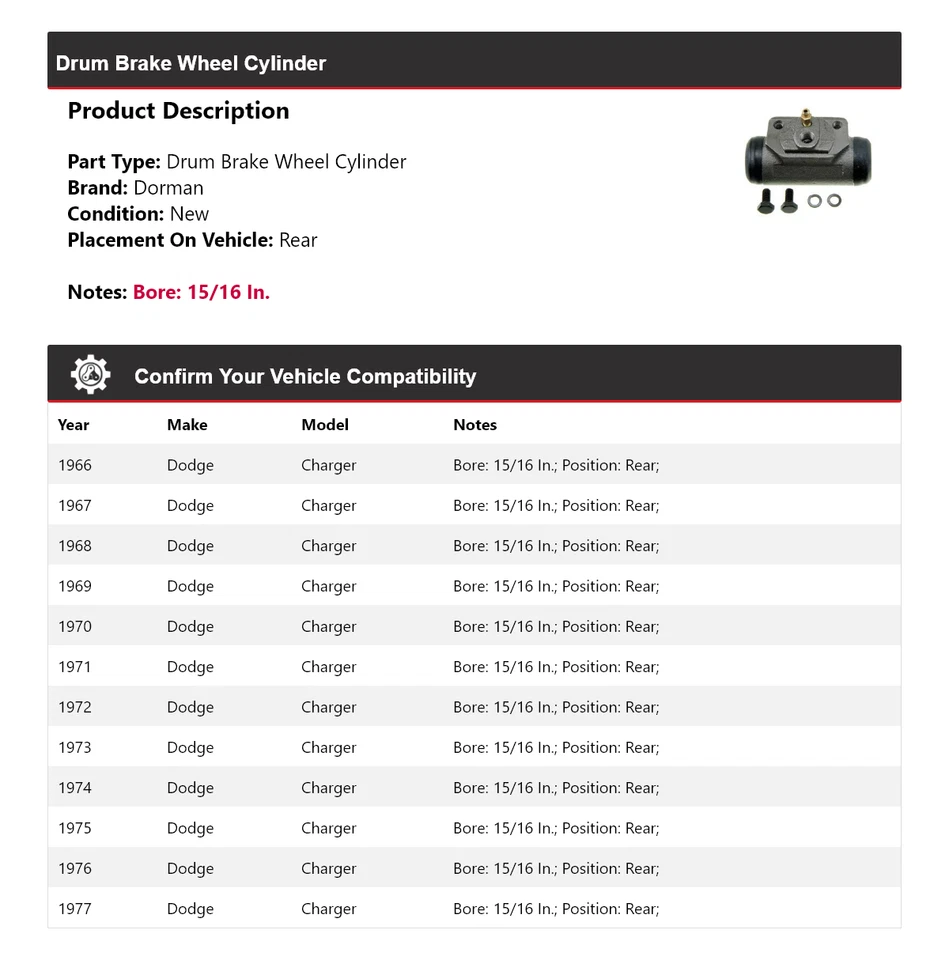 Cilindro trasero de rueda de freno de tambor para Dodge Charger Dorman 1966-1977 1967 1968 1969 Foto 2 de 4