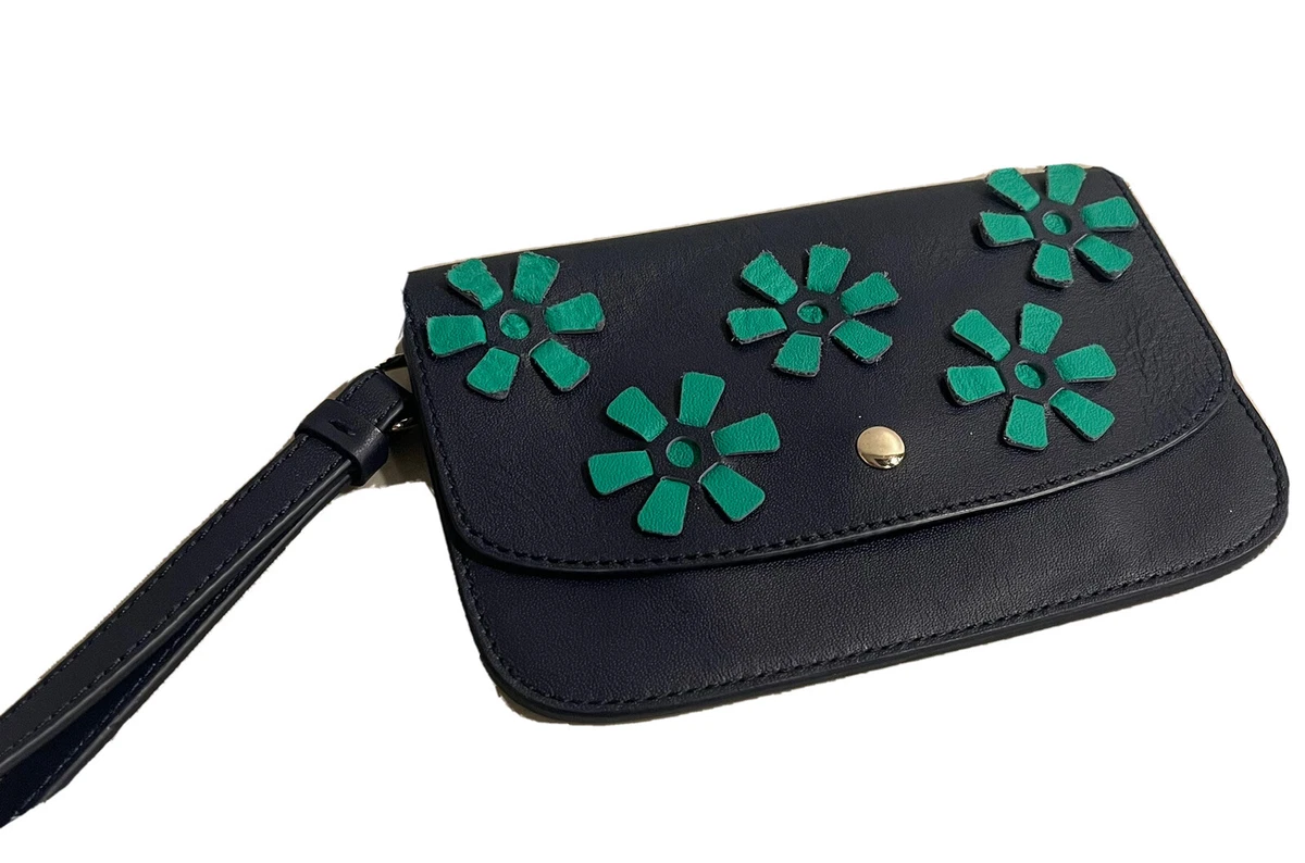 TALBOTS POSH MOD LEATHER WRISTLET NAVY EMERALD INSIDE ZIPPER