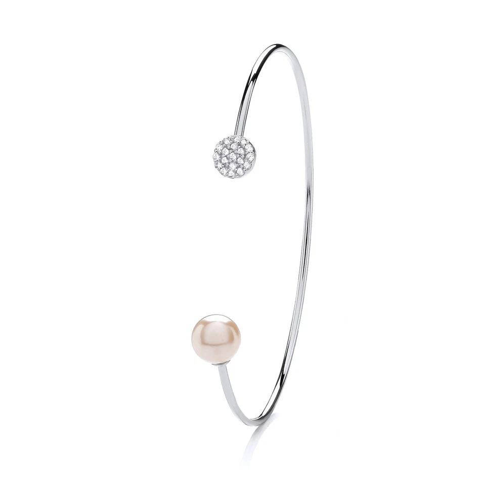 925 Sterling Silver Pearl & CZ Ladies SOLID Torque Bangle Bracelet RHODIUM - Image 3 of 4