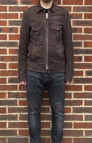 All Saints Mens OAKLEY Suede Bomber Biker Jacket SMALL Brown Military Leather - Picture 4 of 15