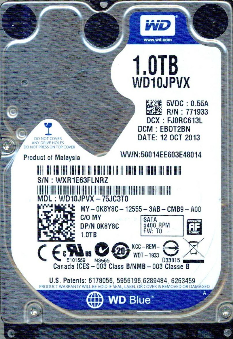 WD10JPVX-75JC3T0, EBOT2BN, WESTERN DIGITAL SATA 1TB WXR1 OCT 2013