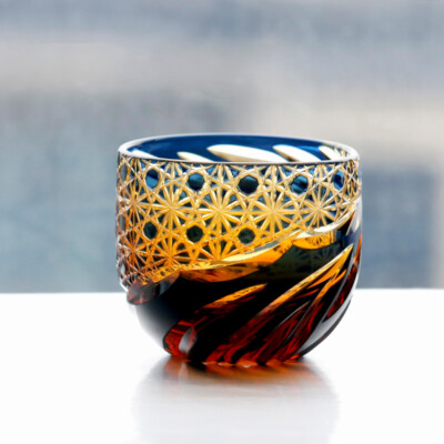 Blue Edo Kiriko Collection Small Shot Glasses For Sake Handmade Cased Glass 2oz
