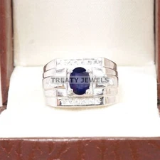Blue Sapphire Oval Cut Gemstone With 925 Sterling Silver Ring For Men's #B641 *