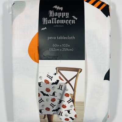 Happy Halloween Peva Tablecloth 60 x102  Rectangle Hats Pumpkins Ghosts Witch