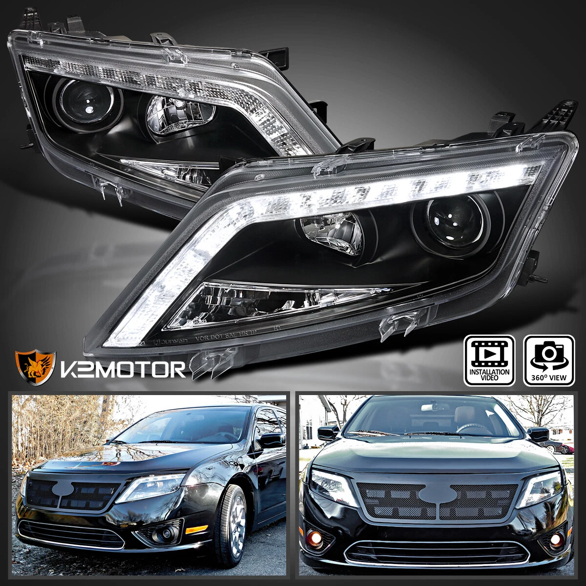 Black Fits 2010 2012 Ford Fusion LED Strip Projector Headlights
