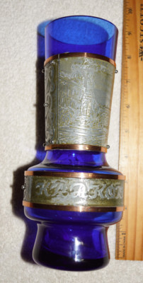 Vintage cobalt vase with gold/silver bands - Krakow scenes - rare 8.5 inches