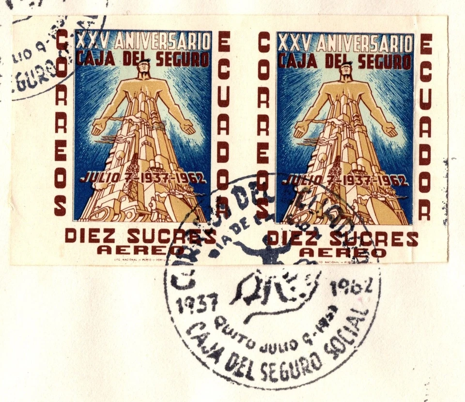 1963 Ecuador Sc #694 + #C413 Imperforate Pairs on Plain First Day Cover - Image 3 of 4