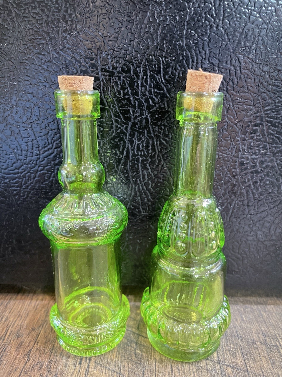 2 Green GLASS Bottles with Corks 4 3/4" Tall URANIUM